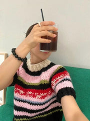 Aiertu  -  Multicolor Striped Handmade Jumper Sweet Rainbow Wool Blended Color Block Knit Tee Short Sweater Autumn/Winter Woman Knitwear Aiertu