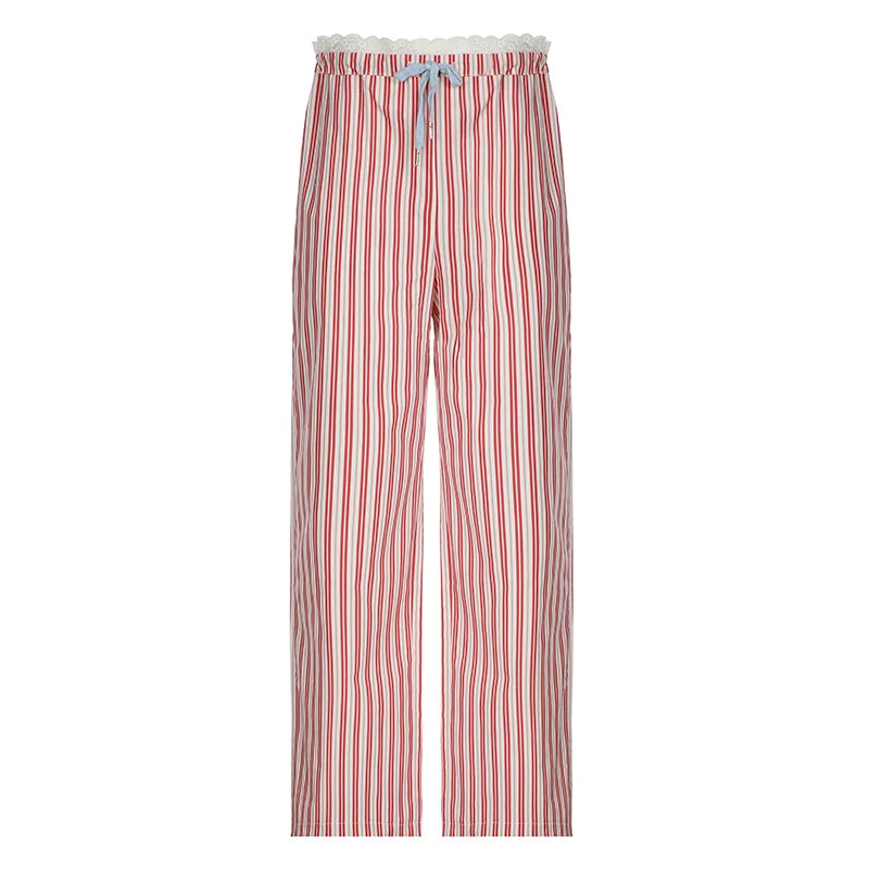 Aiertu  -  Sweet Stripe Lace Patchwork Women Pants Low Waist Drawstring Harajuku Korean Trousers Straight Leg Bottoms Basic New Aiertu