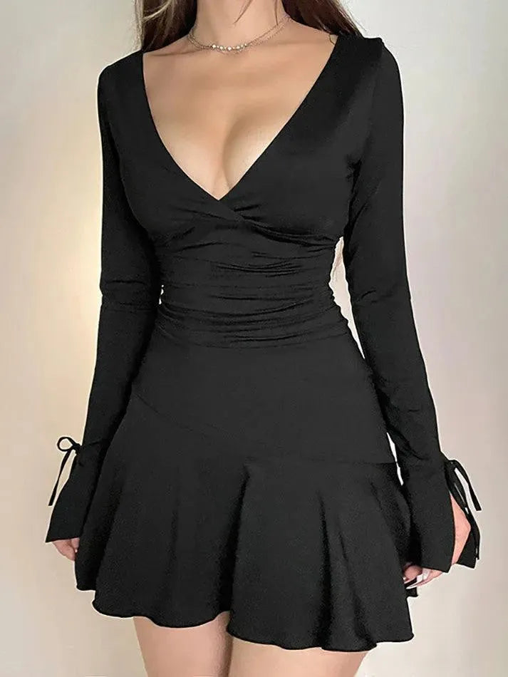 Aiertu  -Backless Tie V-Neck Bow Split Long Sleeve Dress aiertu