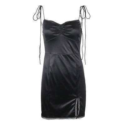 Aiertu - Square collar lace satin split dress Aiertu