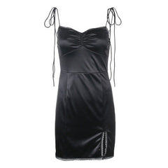 Aiertu - Square collar lace satin split dress Aiertu
