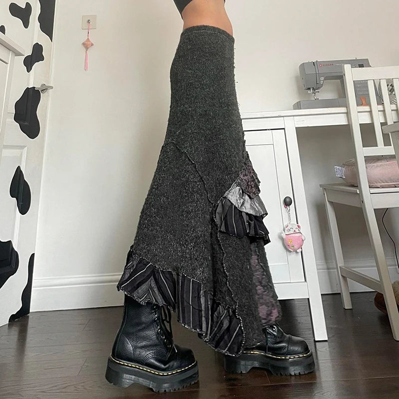 Aiertu  -  Irregular Ruffled Design Knitted Long Skirt Y2K Aesthetic Women Stylish Winter Skirts Vintage Chic High Street Outfit Aiertu