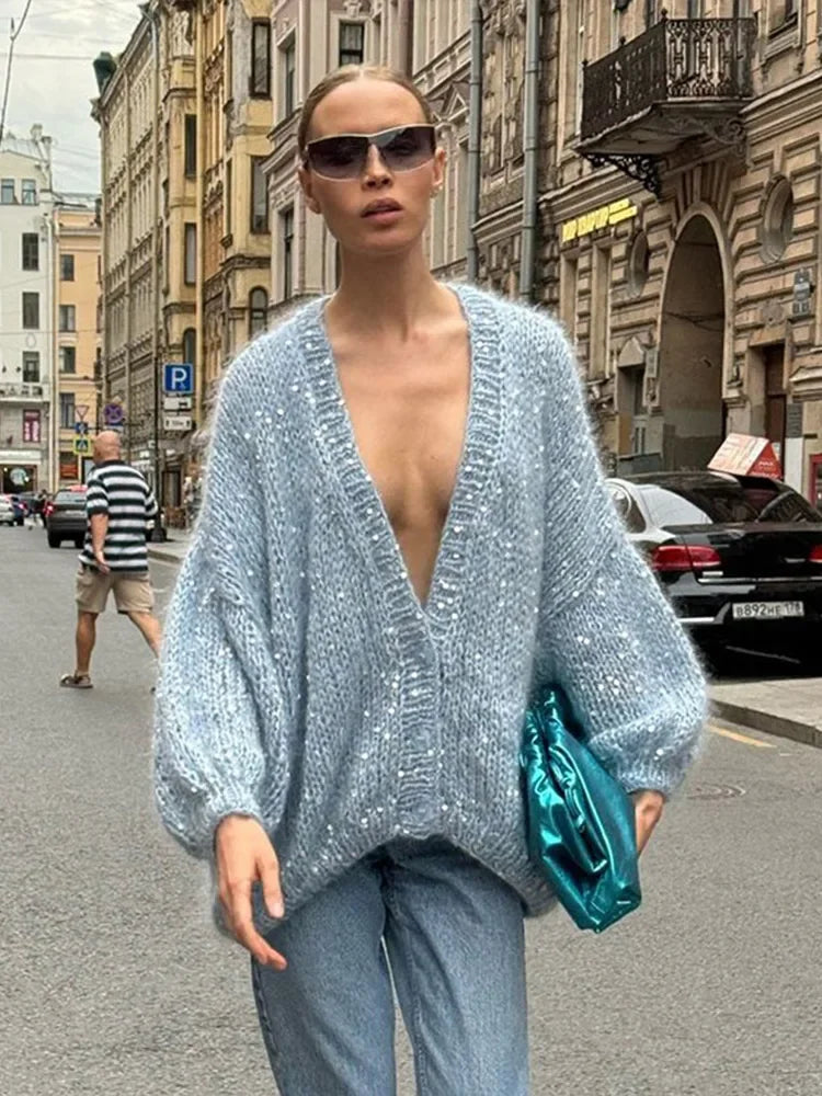 Aiertu  -  Sequins Knit Women Sweater Loose Deep V-neck Long Lantern Sleeve Female Pullover 2026 Autumn Winter Fashion Casual Lady Knitwear Aiertu