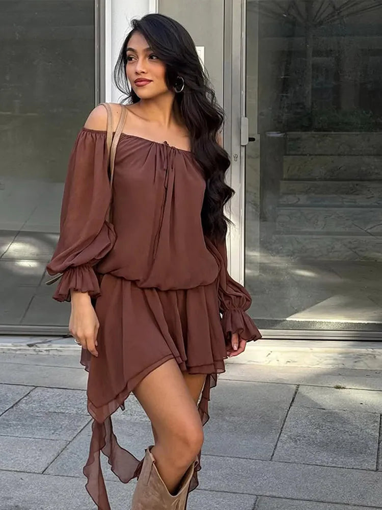 Aiertu  -  Chic Low Neck Lace Up Mini Dress Elegant Solid Flare Sleeve Pleated Off Shoulder Gown New Women Highstreet Holiday Dresses 2025 Aiertu