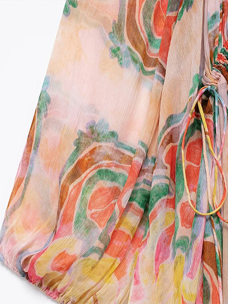 Aiertu  -  Fashion Print Tulle Lace Up Dress Women Loose O-neck Long Lantern Sleeve Pleated Female Dresses Summer Lady Colorful Robes Aiertu