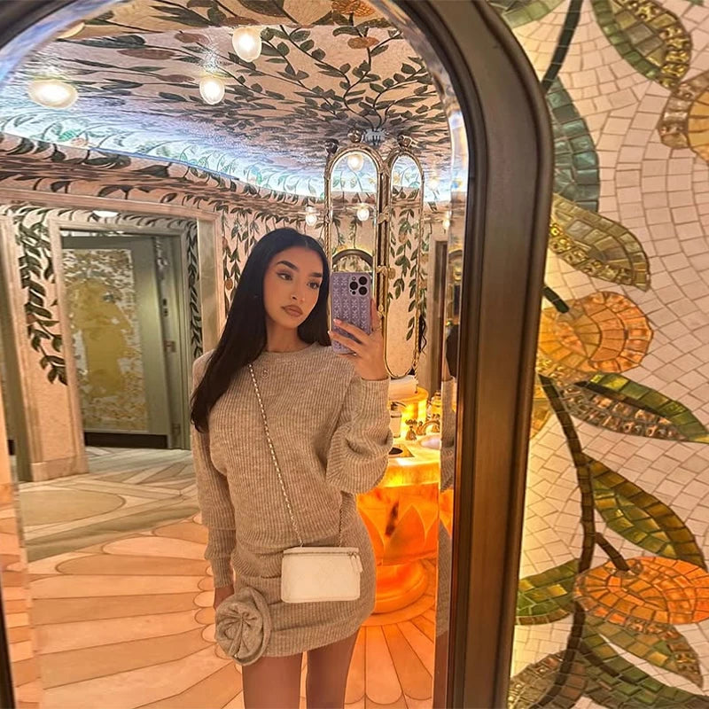 Aiertu  -  Knit Solid Women Sweater Set Straight High Waist Lady Skirts Sets 2025 Fashion Elegant Ribbed Full Sleeve 3D Flower Female Suit Aiertu