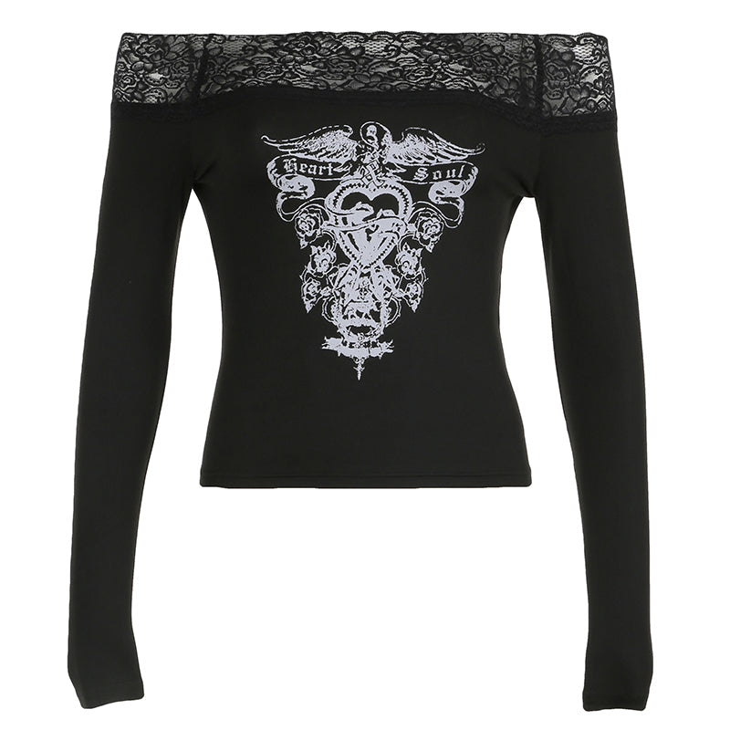 Aiertu - summer inspo Gothic Retro Lace Trim Slash Neck Blouses Women?Long Sleeve Y2k Darkly Chic Print Autumn Trendy Fashion Tops Aiertu