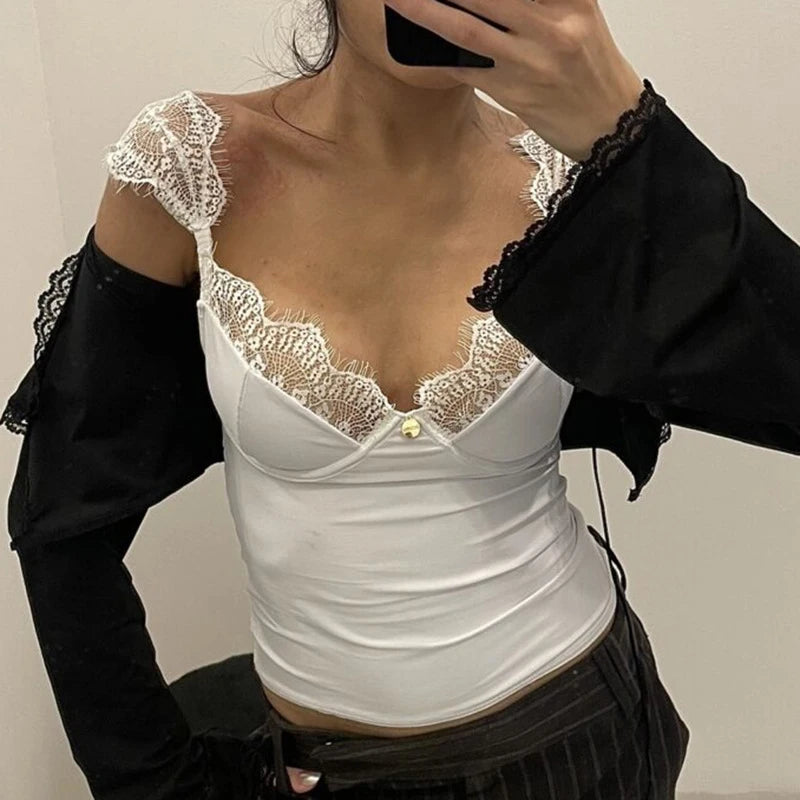 Aiertu  -  Sexy Elegant Camis Vest Stylish 2024 Eyelash Lace Trim Straps V Neck Sleeveless Open Back Slim Camisoles Daily Party Summer Aiertu