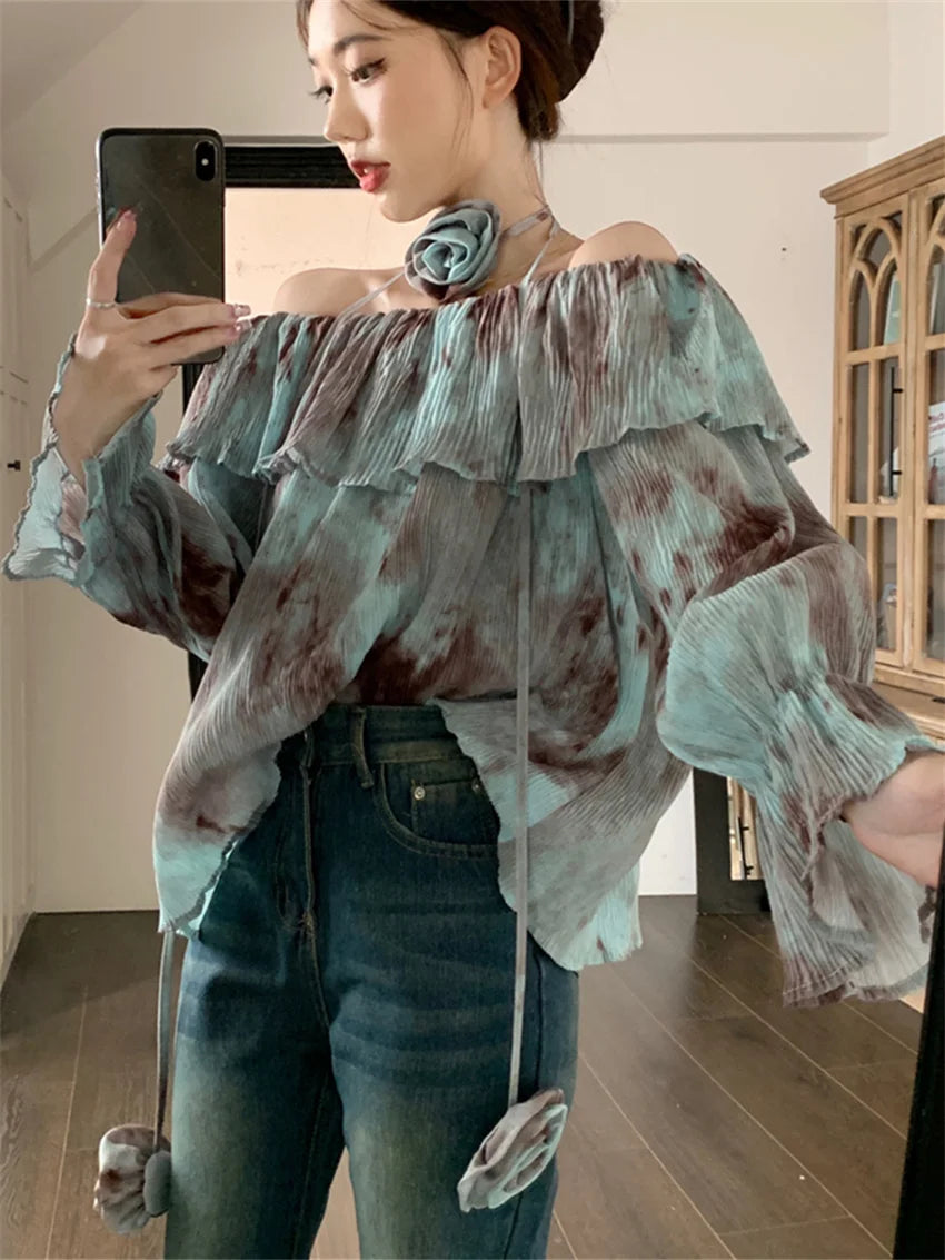Aiertu  -  Blue Retro Blouses Daily Tie-Dying Ruffles Autumn Chic Loose Slash Neck Slim Office Lady Full Sleeve Ruffles Aiertu
