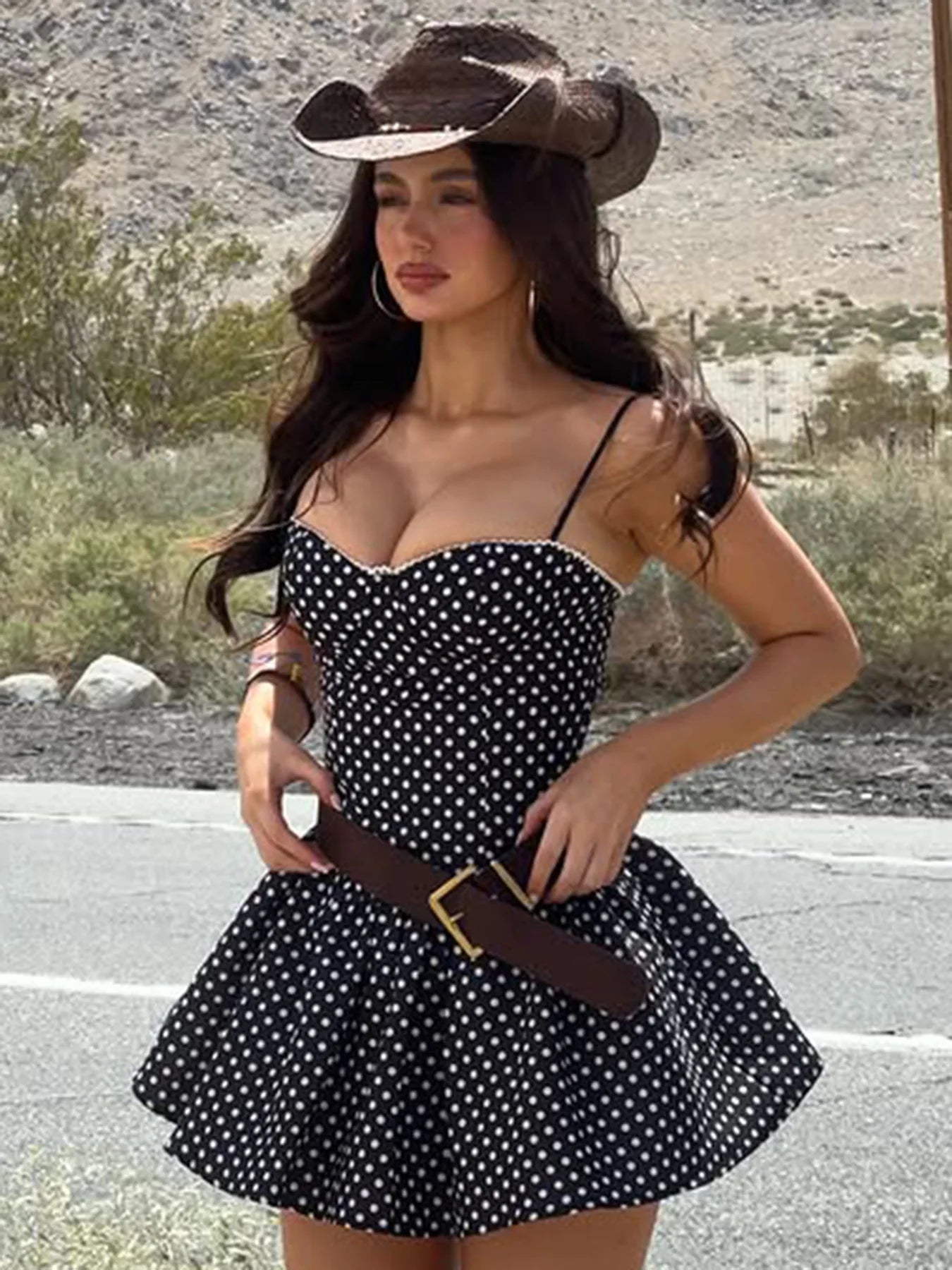 Aiertu  -  French Style Dot Printed A-Line Dress Sexy Slim Slash Neck Sleeveless Mini Dresses For Women 2026 Summer Fashion Ladies Aiertu