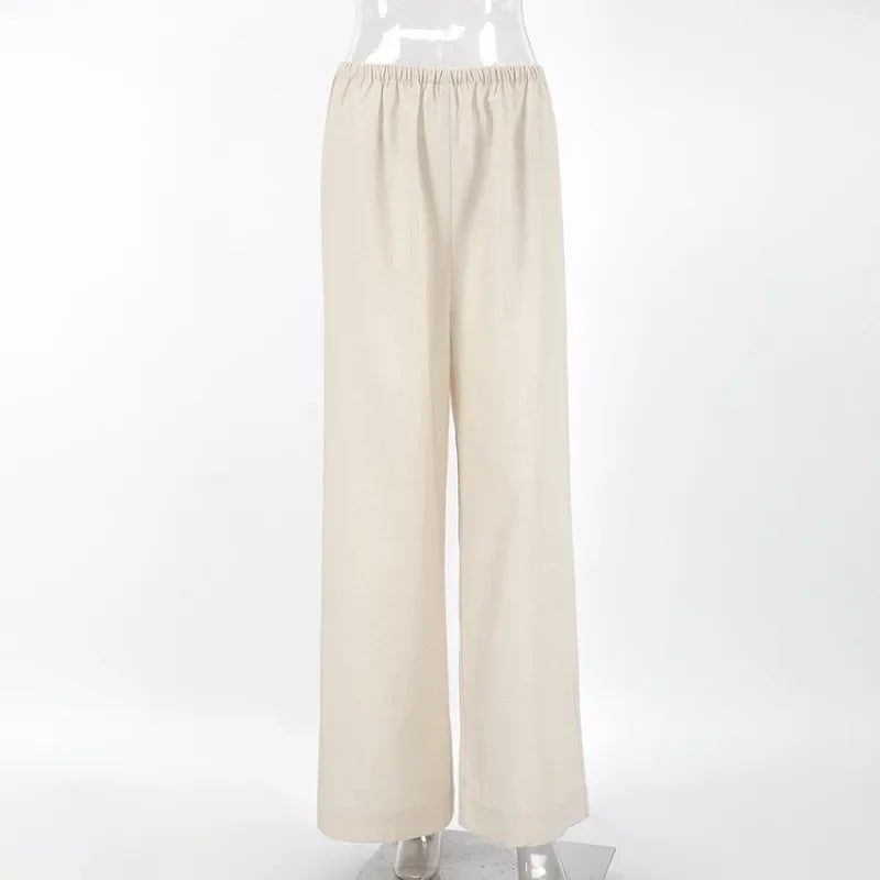 Aiertu  -  Cotton Linen Wide Leg Pants Women Fashion Elastic High Waist Pockets Casual Loose Trousers Streetwear Summer Vacation Bottoms Aiertu