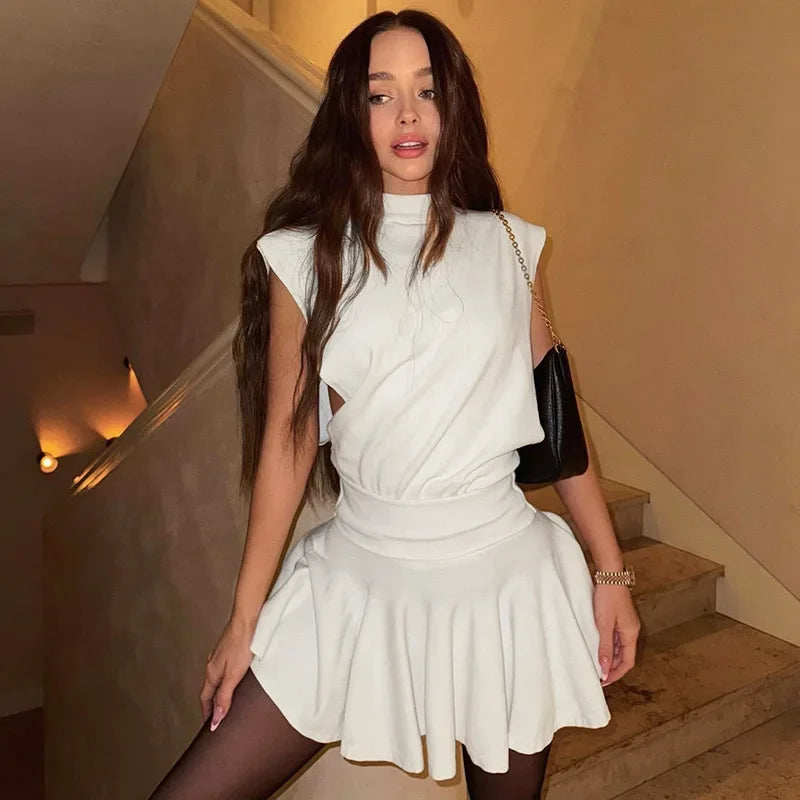 Aiertu  -  Short Skirt Two Piece Sets Female Half Turtleneck Sleeveless Top Pleated Skirt Sexy White Casual Matching Set 2025 New Aiertu