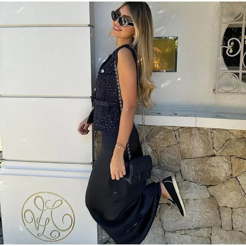 Aiertu  -  Elegant Solid Tweed Sequin Women Vests Sleeveless O-Neck Female Tank Fashion Slim Autumn Single Breasted Lady Waistcoat Aiertu