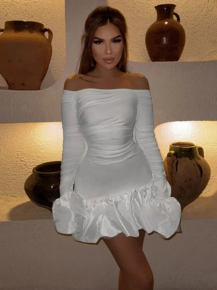 Aiertu  -  Sexy Slim One-Shoulder Mini Party Dress For Women Satin Splice Long Flare Sleeve Fashion Fold Dress Solid Autunn 2026 New Aiertu
