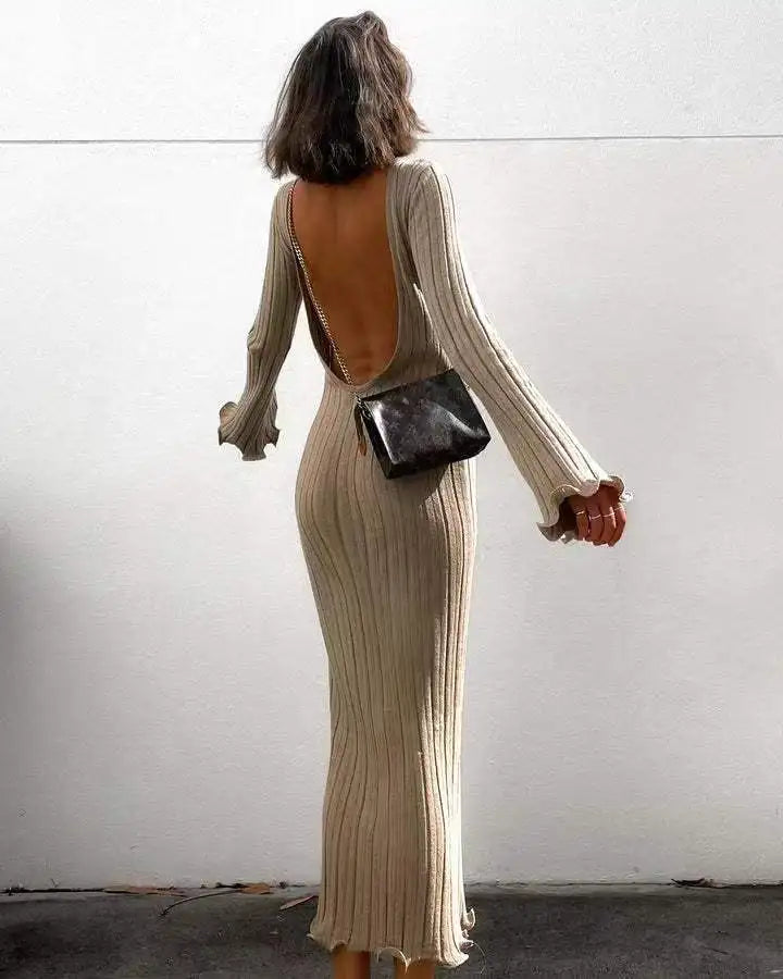 Aiertu  -  Women's Backless Knitted Maxi Dress Elegant Long Sleeve Slim Mermaid Dress Solid Bodycon Lady High Streetwear Party Female Robes Aiertu