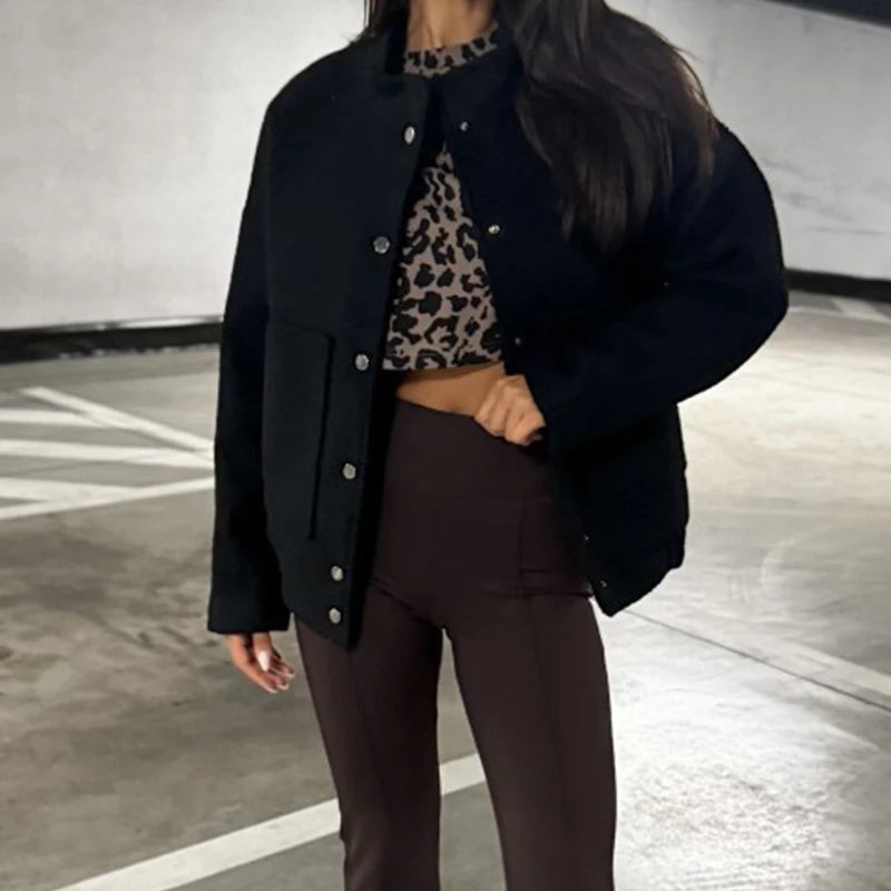Aiertu  -  Women Elegant Stand Collar Solid Short Jackets Autumn Casual Long Sleeves Loose Outerwears Winter Fashion Single Breasted Coats Aiertu