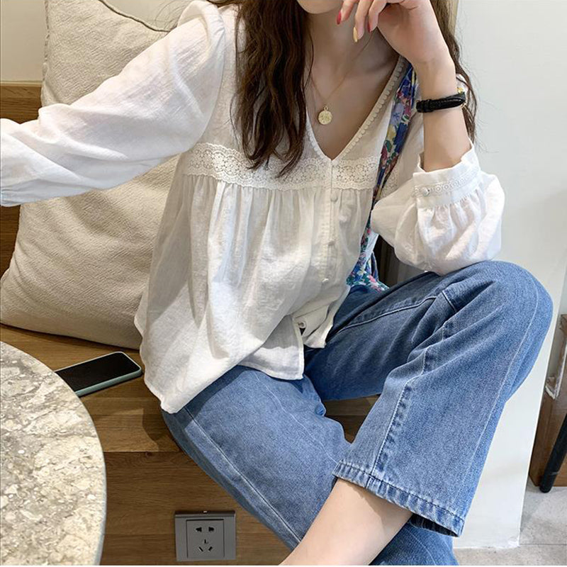 Aiertu Vintage Sweet Lace Shirts Women Korean Cute V Neck Long Sleeve Loose Blouses Summer Streetwear Boho Beach Casual Tops New Aiertu