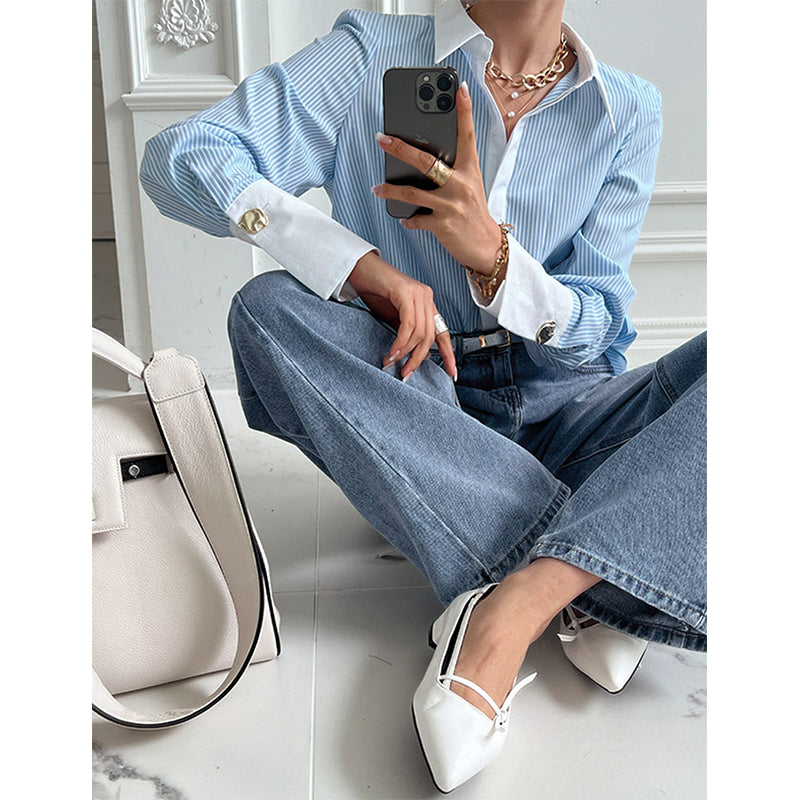 Aiertu Elegant Striped Shirts Women Korean Patchwork Long Sleeve Blouses Office Ladies Fashion Black Pink Casual All Match Tops Aiertu