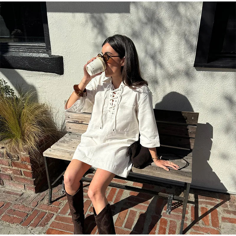 Aiertu  -  Summer Loose Bandage Dresses 2025 Woman Casual Lapel Collar Short Sleeve Female Mini Dress 2025 Solid High Street Lady Vestidos Aiertu