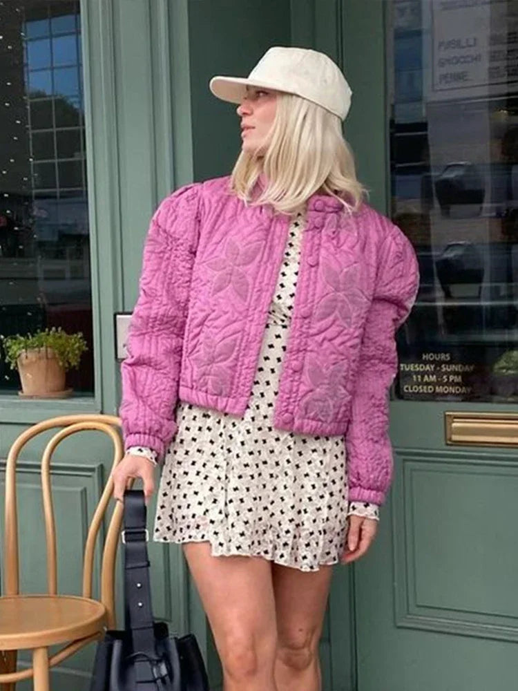 Aiertu  -  casual winter outfits Casual Solid Printed Padded Women Jacket O-neck Full Sleeves Lady Coat 2024 Fashion Autumn Covered Button Female Loose Outwear Aiertu