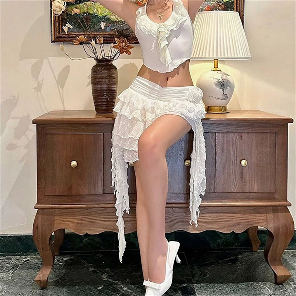 Aiertu  -  2 Piece Set Women Summer Lace-Up Low-Neck Multi-Layered Lace Collarmini Tops+Tassel Skirt Multilayer Irregular Hem Suit Aiertu