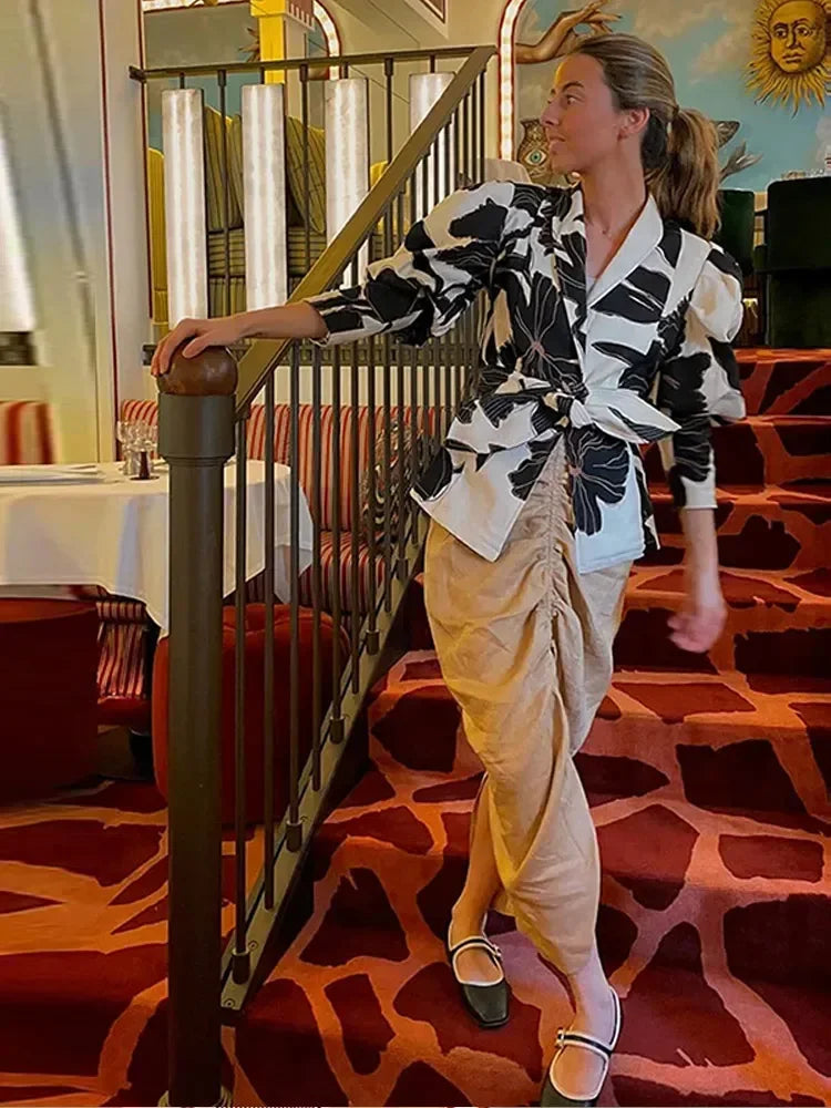 Aiertu  -  Elegant Printed Puff Sleeve Shirts Women Belt Turn Down Collar V-neck Coats Female 2026 Spring Fashion Office Lady Streetwear Aiertu