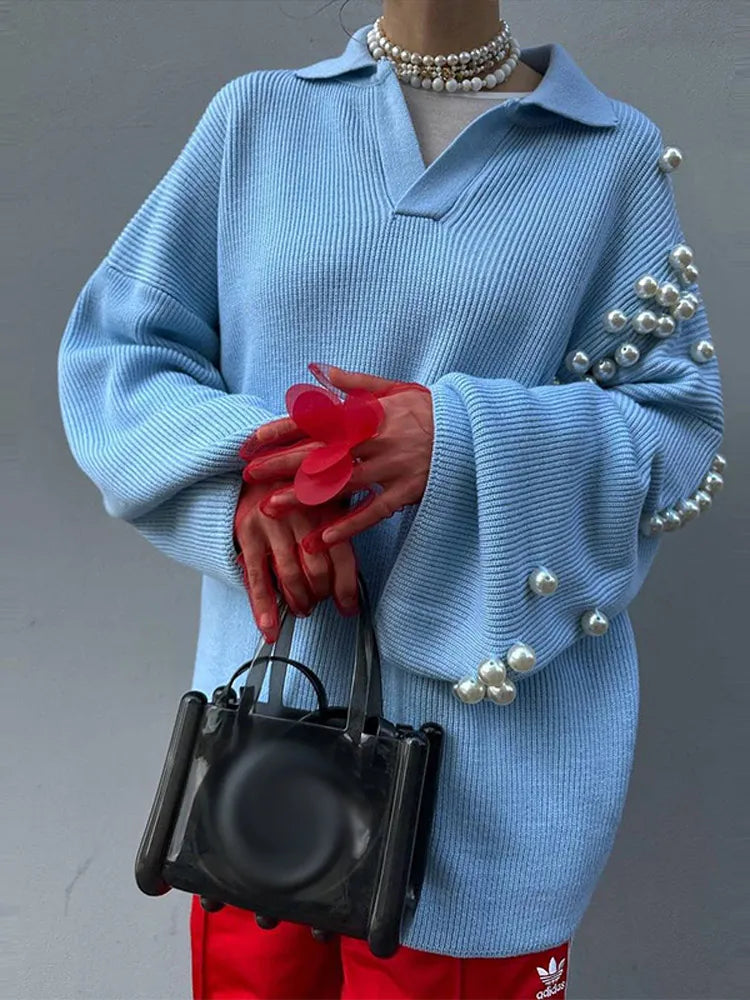 Aiertu  -  Chic Blue Pearls Decor Lapel V Neck Knitted Pullover Women Elegant Flare Long Sleeve Casual Sweater 2026 Lady New Loose Knitwear Aiertu