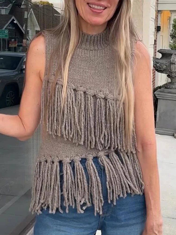 Aiertu  -  Tassels Knit Vests Women Casual Loose Half Neck Sleeveless Hollow Out Vest Female Fashion Solid Soft New Knitwears Lady Aiertu
