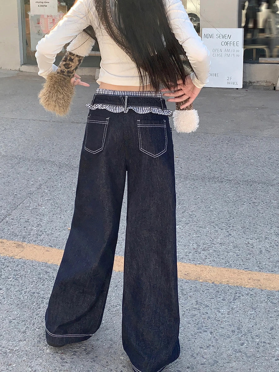 Aiertu  -  Drawstring Waist Patchwork Baggy Jeans Women Vintage Wash Wide Leg Frilly Striped Denim Pants Korean Y2k Streetwear Aiertu