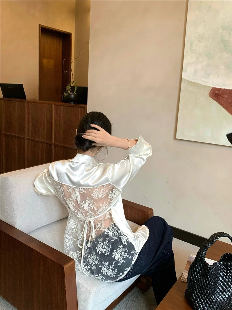 Aiertu  Elegant Shirts Women Vintage Sexy Lace Backless Bandage Blouses Summer Korean Hollow Out Long Sleeve Design Casual Tops Aiertu