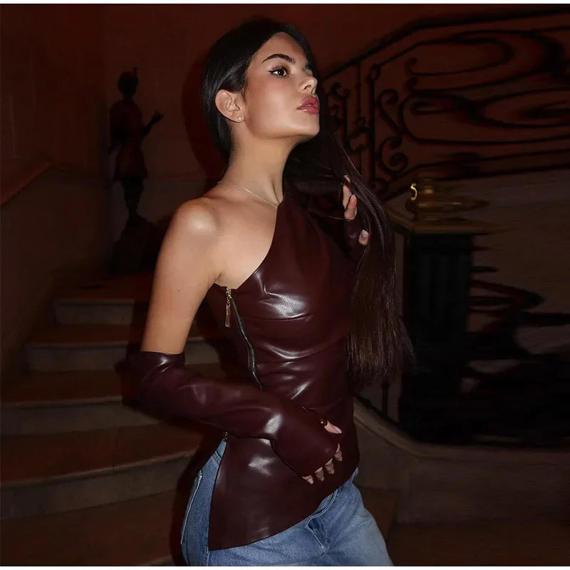 Aiertu     -  Fall Outfits 2026 Slim One Shoulder Leather Waistcoat With Gloves Women Sexy Sleeveless Irregular Vest 2026 Autumn New Lady Chic High Street Tops Aiertu