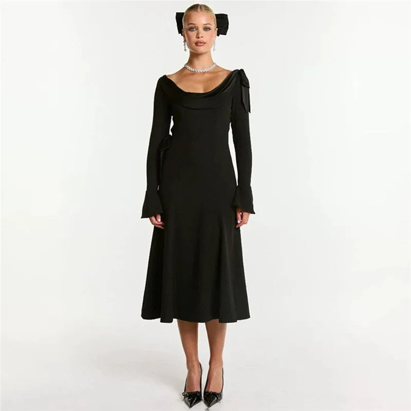 Aiertu       -  Sexy Backless Bow Long Sleeve Slim Dress For Women Stack Neck Elegant Draped Maxi Party Dresses Female Autumn New 2026 Aiertu