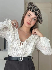 Aiertu  -  Fashion V-neck Solid Lace Laminated Decoration Blouse Women Hole Long Sleeves Loose Lace-up Shirt 2025 Women Spring Streetwear Aiertu