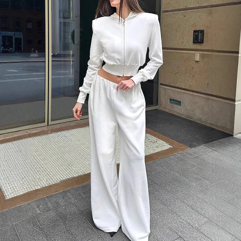 Aiertu  -  Casual 2 Pieces Suit Women Full Sleeves Zippers Crop Hoodies High Waist Wide Leg Lengthen Pants Female Set 2025 Spring Lady Sets Aiertu