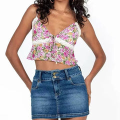 Aiertu  -  New Women Lace Trim Floral Print Camis Sexy Sleeveless V Neck Female Summer Boho Crop Top Aiertu