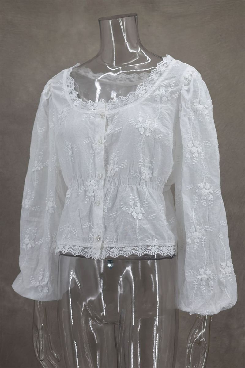 Aiertu  -  Sexy Daily Solid Color Embroidered Buttons See-Through U Neck Blouses Aiertu