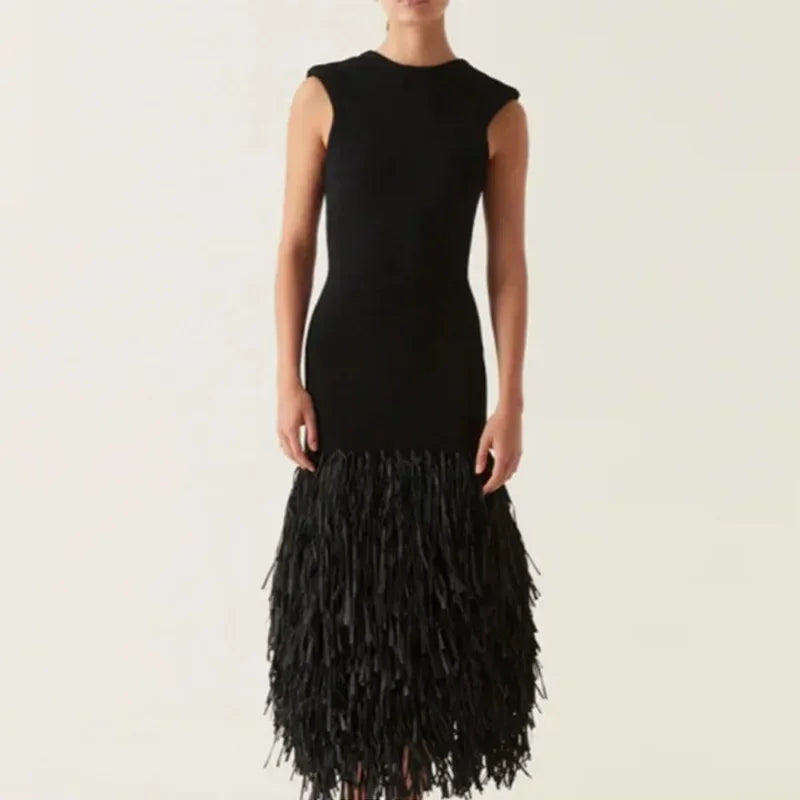 Aiertu  -  Sexy Fringed Knit Long Dresses Women Slim Sleeveless O-neck Backless Zipper Package Hip Dress Female 2026 Summer Party Lady Robe Aiertu