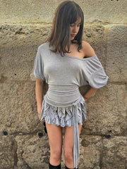Aiertu  -  Solid Ruched Tassel Mini Dress Women Y2K Style Skew Collar Off Shoulder Short Sleeve Street Fashion Temperament Outfits Aiertu
