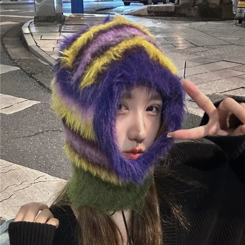 Aiertu  -  Winter Stripe Knitted Beanies Balaclava Hat Women Retro Fluffy Fur Knit Bonnet Outdoor Neck Warmer Windproof Skiing Skull Caps Aiertu