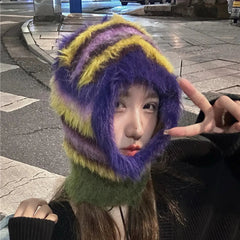 Aiertu  -  Winter Stripe Knitted Beanies Balaclava Hat Women Retro Fluffy Fur Knit Bonnet Outdoor Neck Warmer Windproof Skiing Skull Caps Aiertu