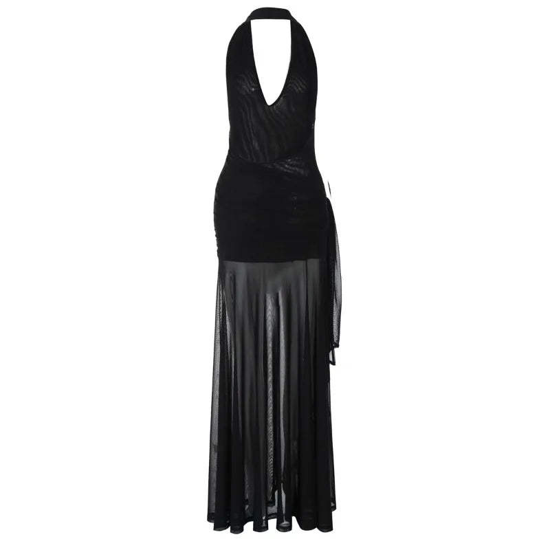 Aiertu  -  Hater Neck Backless Long Dresses See Through Mesh Black Club Dress Women Sexy Summer Clothes 2025 P15-DC35 Aiertu
