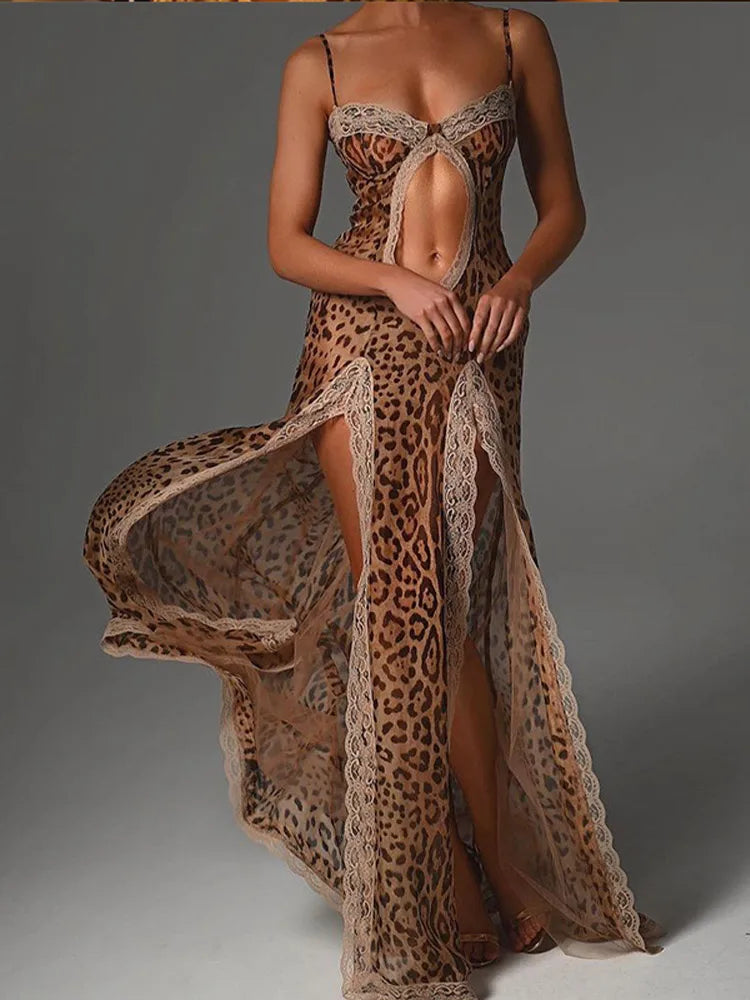 Aiertu  -  Sexy Leopard Print High Split Hollow Out Dresses For Women 2026 New Lace High Waist Cut Out Patchwork Dress Lady Streetwear Robe Aiertu
