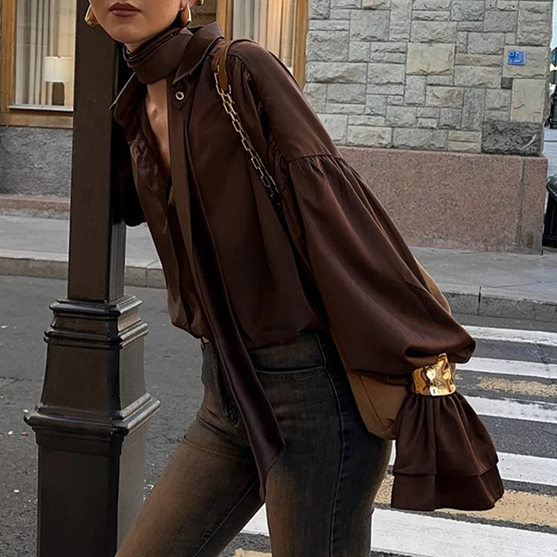 Aiertu  -  cold weather outfits Fashion Flare Sleeve Blouse Shirt with Scarf Y2K Women Vintage Brown Oversized T-shirt Casual Top Autumn Streetwear Aiertu