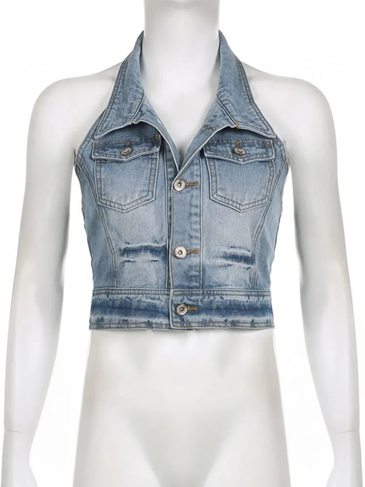 Aiertu  -  Backless Retro Pocket Crop Top Women Polo Neck Sleeveless Tank Tops Hot Girl Sexy Navel Streetwear Casual Denim Clothing Aiertu