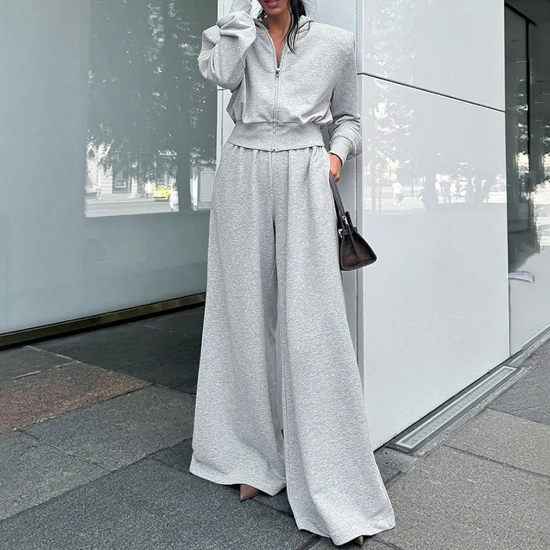 Aiertu  -  Casual 2 Pieces Suit Women Full Sleeves Zippers Crop Hoodies High Waist Wide Leg Lengthen Pants Female Set 2025 Spring Lady Sets Aiertu