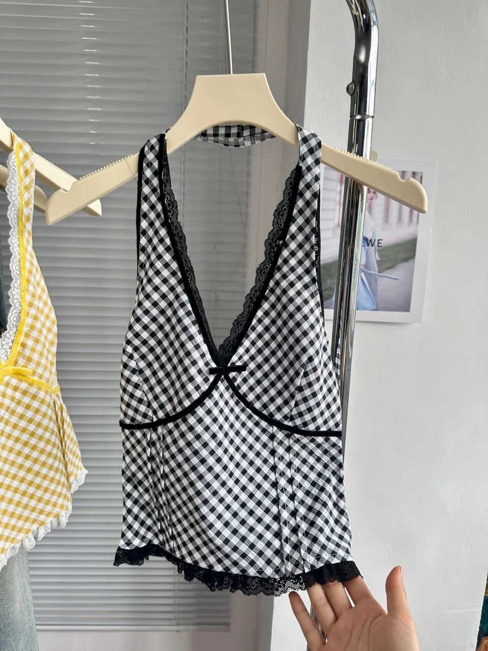 Aiertu  -  Red Plaid Halter Neck Tank Women's Summer Patchwork Lace Sexy Hot Girl Slim Fit Top Fashion Female Clothes Aiertu