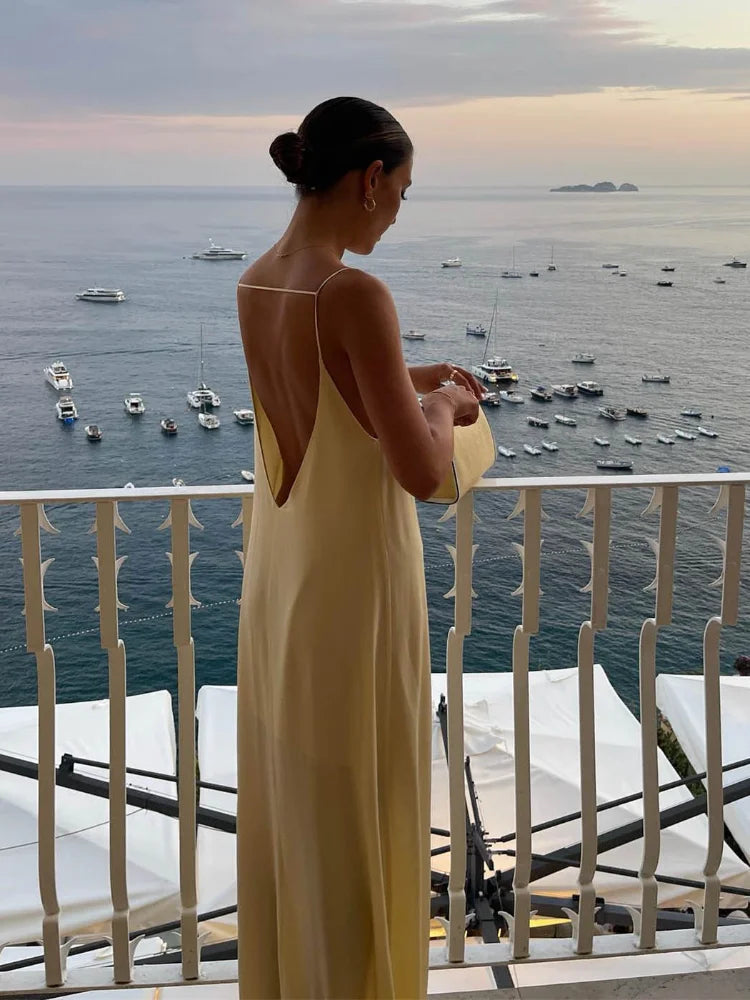 Aiertu  -  Ladies Feminine Buff Dress Loose Backless Round Neck Spaghetti Strap Drop Waist Long Robe Vacation Formal Ceremony Party Gown Aiertu