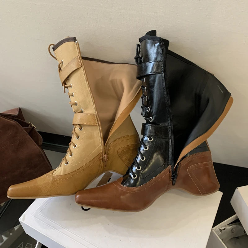 Aiertu    -  Yellow Cowboy Boots Women Lace Up Belt Buckle Block Heels Mid-calf Western Boots Autumn Vintage Designer Shoes Black Botas Mujer Aiertu