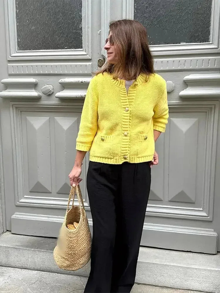 Aiertu  -  Fashion Yellow Single-breasted Round Neck Knitted Cardigan Women Chic Long Sleeve Pockets Sweater 2026 Autumn Street Knitwear Aiertu