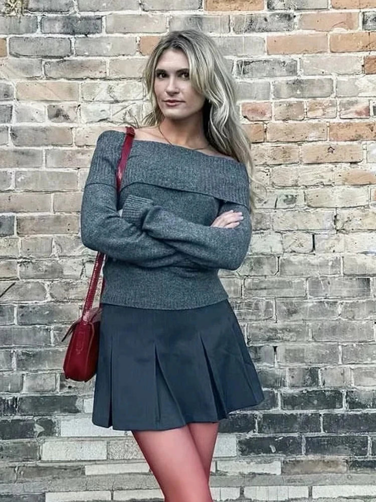 Aiertu  -   Slash Neck Dark Grey Mohair Women Sweater Pullover Femme Casual Loose Trendy Style Autumn Winter Knitted Pullover Aiertu